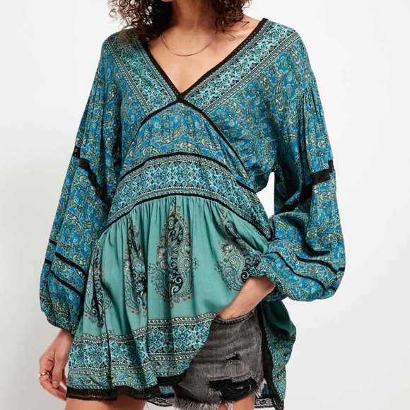 Free People Tops - #139 New Free People Luna Scarf Print Tunic Balloon Sleeves dress Ocean Blue XS
